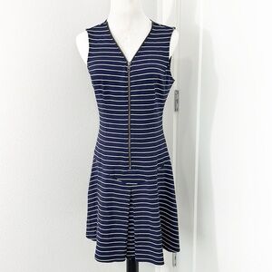 Theory Size 6 Navy Blue, White Stripe Zipper Sleeveless Pleated Skirt Dress